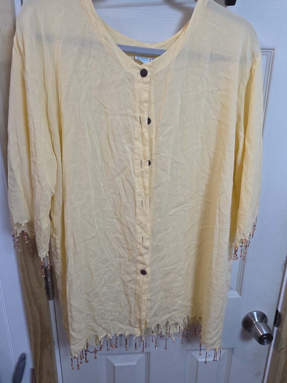 Light Yellow Beaded-Hem Button Front Tunic Top
